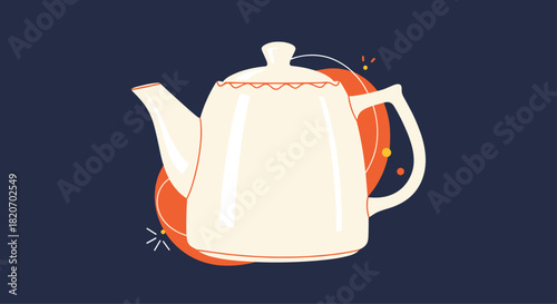 A charming and elegant illustration of a white ceramic teapot with decorative details against a dark background with orange accents.