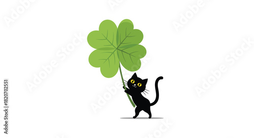 A cute and lucky black cat character is happily walking while holding a giant green four-leaf clover for good luck and fortune.