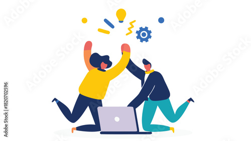 Modern flat vector illustration depicting a diverse team of developers collaborating on a project showcasing teamwork coding and technology in a vibrant digital workspace