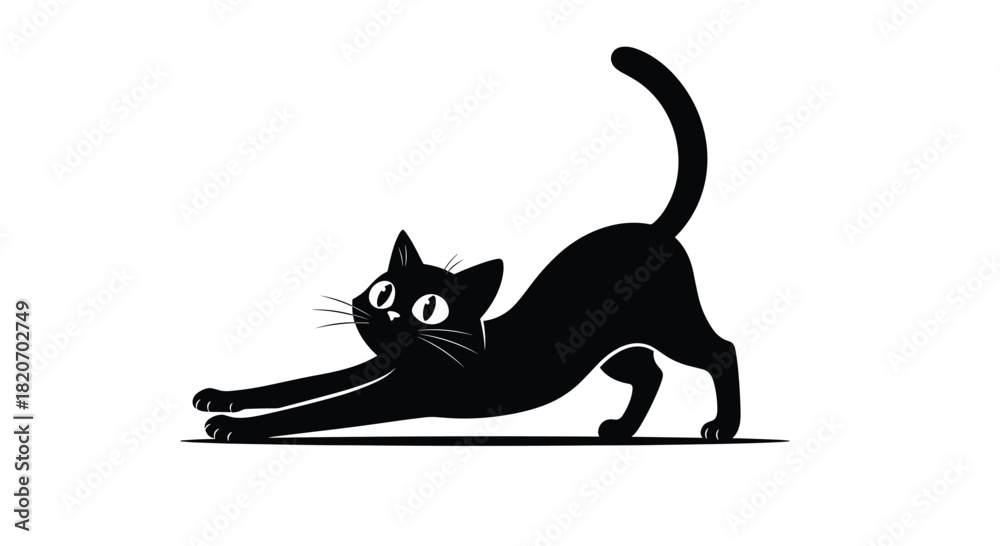 Naklejka premium A simple black silhouette of a cat arching its back and stretching its front paws forward in a classic and elegant feline pose.