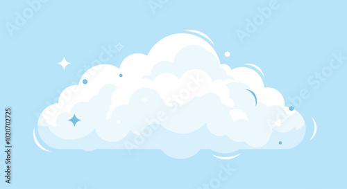 A fluffy white cartoon cloud with sparkles and highlights drifts peacefully across a calm and pleasant light blue sky background.