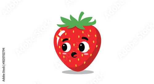 A cute and surprised red strawberry character with wide eyes and rosy cheeks in a fun and simple cartoon vector illustration.