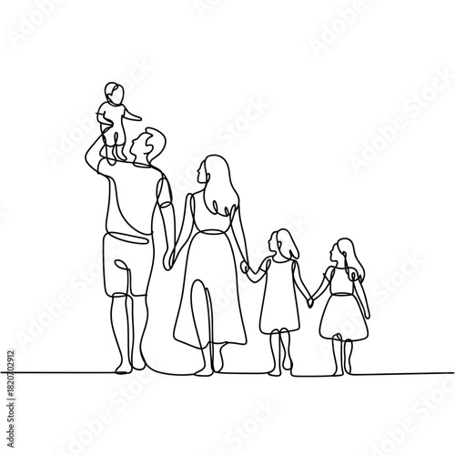 Family of five walking together holding hands with baby on shoulders