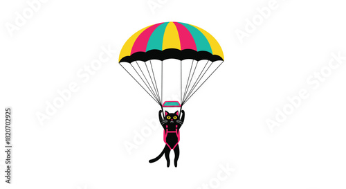 A brave black cat wearing a pink harness is parachuting through the sky with a colorful striped parachute in a fun illustration.