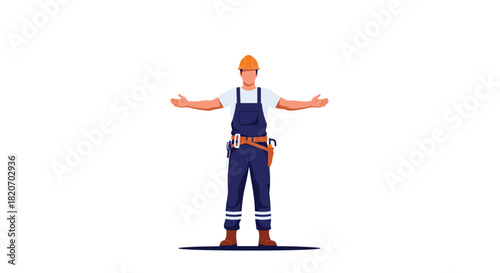 A friendly construction worker in a hard hat and overalls stands with his arms outstretched in a welcoming and inviting gesture.