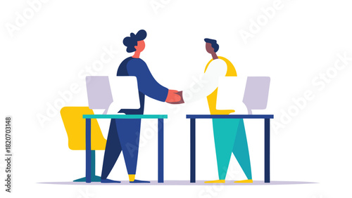 Modern flat vector illustration depicting a professional business handshake symbolizing partnership agreement and successful collaboration in a clean graphic style