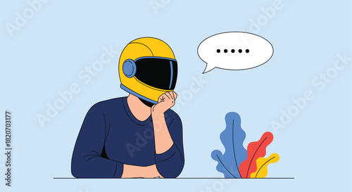 A person wearing a yellow motorcycle helmet sits at a table in deep thought with a speech bubble containing ellipses above them.