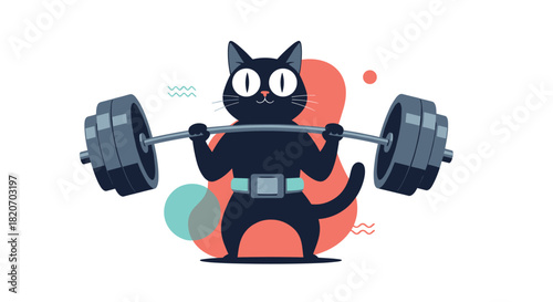 A strong and determined black cat is weightlifting a heavy barbell with an intense expression in a fun and motivational illustration.