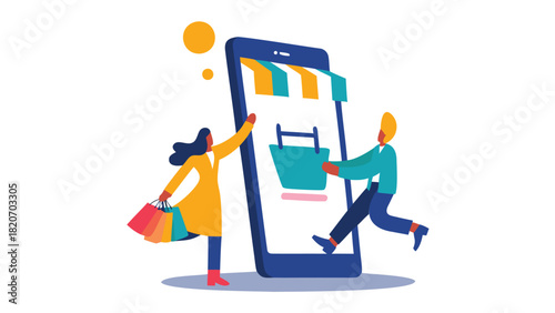 Flat vector illustration depicting a person engaged in online shopping showcasing a modern digital retail experience with various elements of e commerce presented in a clean graphic style