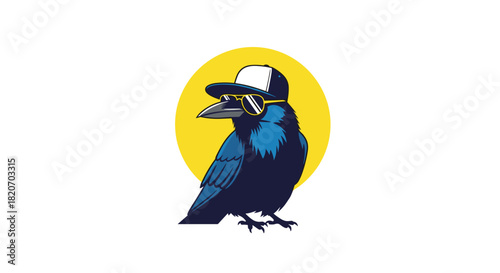 A cool cartoon crow wearing stylish sunglasses and a white baseball cap is shown in a modern and edgy logo-style vector illustration.
