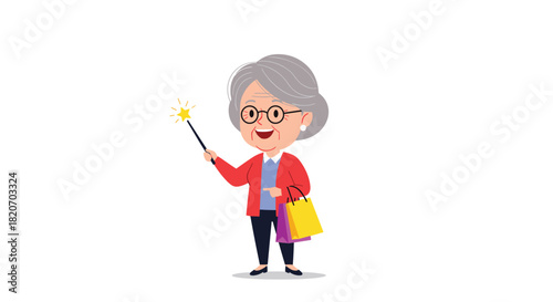 A cheerful elderly woman with grey hair and glasses holds shopping bags and a sparkling magic wand in a charming cartoon illustration.