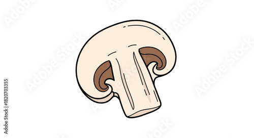 A simple and clean cartoon illustration of a freshly sliced champignon mushroom showing its gills and stem on a white background.