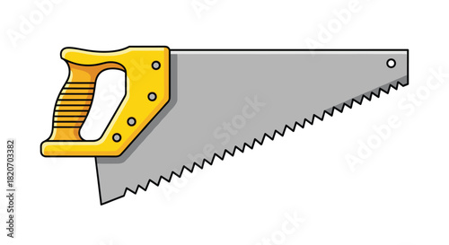 A classic hand saw with a bright yellow handle and a sharp serrated steel blade is shown in a clean and simple vector illustration.