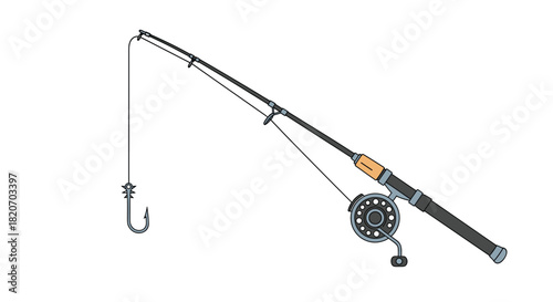 A complete fishing rod and reel setup with a fishing line and a sharp barbed hook ready for angling in a simple vector illustration.