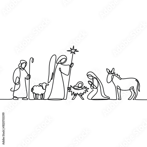 Simple line drawing of the nativity scene with animals and angel