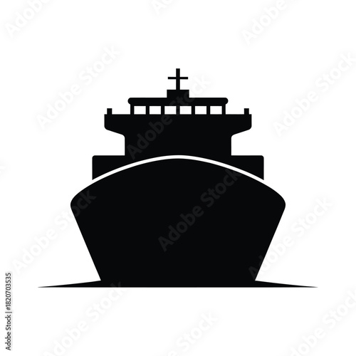 Black silhouette of a large cargo ship front view