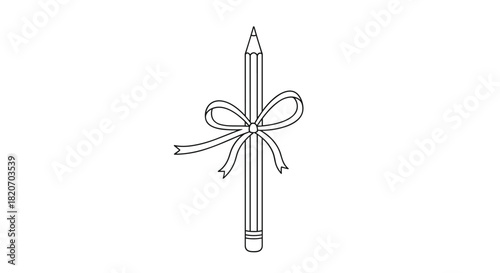A single sharpened pencil is neatly tied with a delicate ribbon bow in a simple and elegant black and white line art illustration.