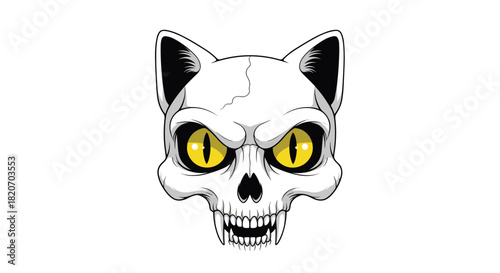 A menacing skull with sharp fangs cat ears and glowing yellow cat eyes creates a creepy and cool hybrid creature vector illustration.