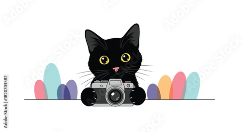 A cute black kitten with big yellow eyes peeks out from behind a line holding a camera ready to take a picture in a charming illustration.