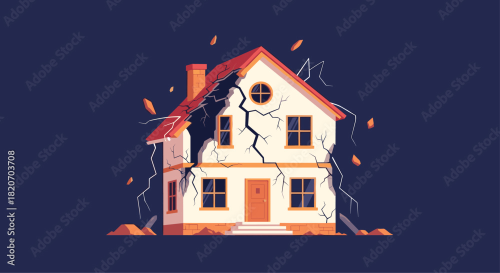 Naklejka premium A two-story house is shown crumbling and falling apart with large cracks and debris in an illustration of disaster or ruin.
