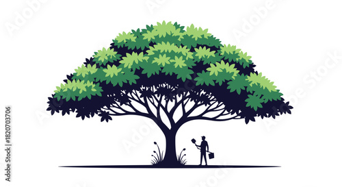 A silhouette of a painter with a palette and brush stands in the shade of a massive green tree in a beautiful nature-inspired art concept.