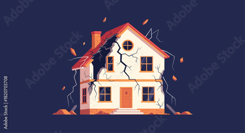 A two-story house is shown crumbling and falling apart with large cracks and debris in an illustration of disaster or ruin.