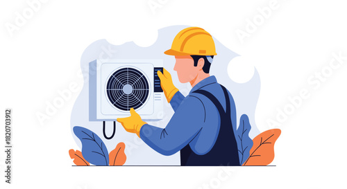 A professional HVAC technician wearing a yellow hard hat and gloves is shown installing or servicing an outdoor air conditioner unit.