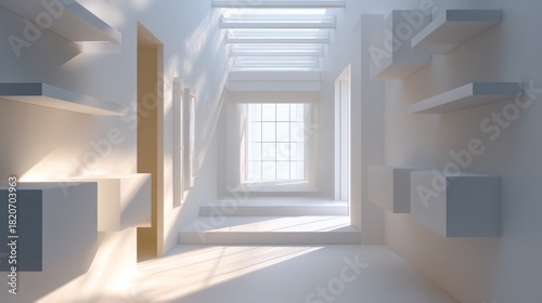 Wallpaper Mural A modern minimalist hallway with clean lines and an open ceiling The space is illuminated by natural light Torontodigital.ca