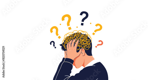 A person is holding their head in frustration with a tangled mess of thoughts and floating question marks symbolizing confusion and anxiety.