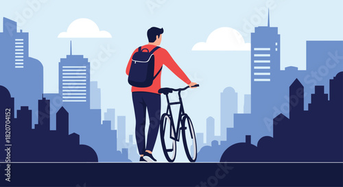A man with a backpack stands with his bicycle and looks out over a vast modern city skyline in a thoughtful blue-toned illustration.