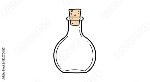 A simple hand-drawn illustration of an empty clear glass potion bottle with a cork stopper in a charming and minimalist doodle style.