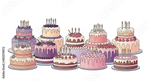 An inviting assortment of colorful multi-tiered birthday cakes, featuring flickering candles, perfect for festive celebrations and sweet moments