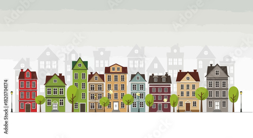 Charming urban street scene featuring a row of colorful European-style townhouses and apartment buildings