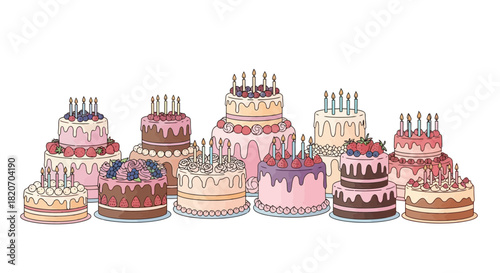A delightful collection of birthday cakes, beautifully decorated with colorful frosting, glowing candles, and fresh berries, symbolizing joy and sweet celebrations