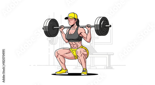 Weightlifting Woman Squatting with Barbell Fitness & Strength Illustration
