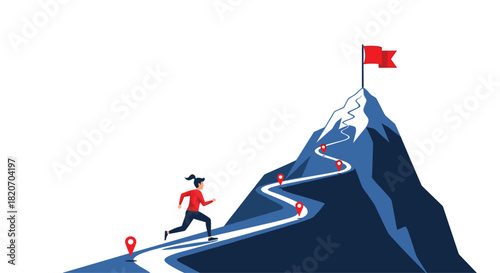 A determined woman runs up a winding path on a mountain towards a red flag at the summit symbolizing achieving goals and success.