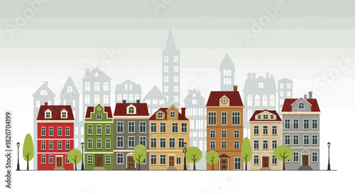 Illustrative Vector Scene of a Colorful European City Street with Historic Buildings, Lush Trees, and Lampposts, Depicting Urban Life and Architecture