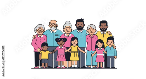 A vibrant illustration of a happy, diverse multi-generational family standing united, symbolizing love, heritage, and strong family bonds