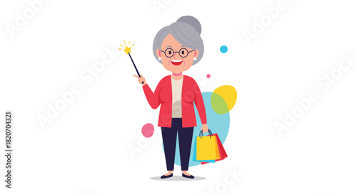Happy elderly woman with grey hair and glasses holding colorful shopping bags and a magic wand to represent smart shopping deals.