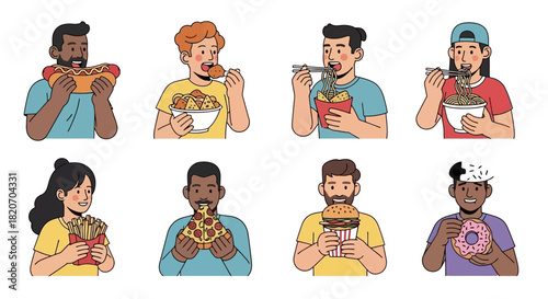 A diverse group of people enjoying various fast food items, including hot dogs, pizza, burgers, donuts, and noodles, in a colorful illustration