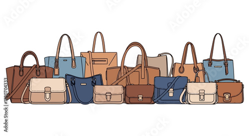 A diverse collection of elegant women's handbags and fashion accessories, showcasing various styles of purses, clutches, and totes for everyday use and special occasions