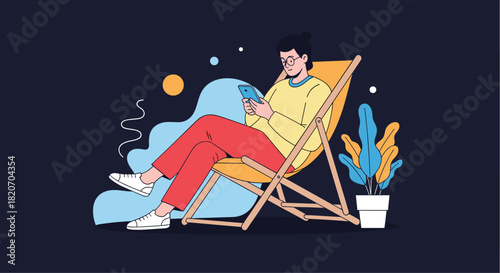 Young person with glasses relaxing in a deck chair while browsing a smartphone with a potted plant nearby on a dark background.