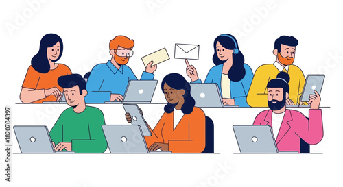 Diverse team of office workers collaborating and communicating online with laptops and tablets in a modern workplace