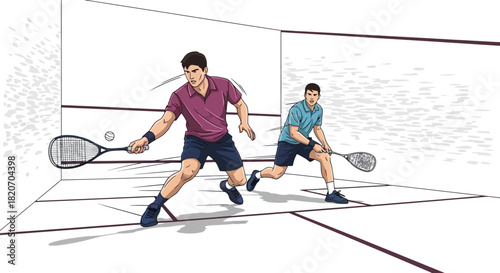 Dynamic illustration of two male athletes engaged in a competitive squash match on an indoor court
