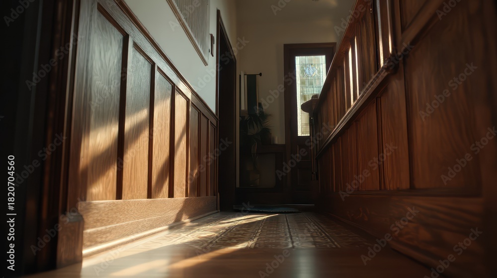 Fototapeta premium A narrow hallway in a Craftsman home with hand-carved wooden wainscoting and built-in cabinets The soft morning light