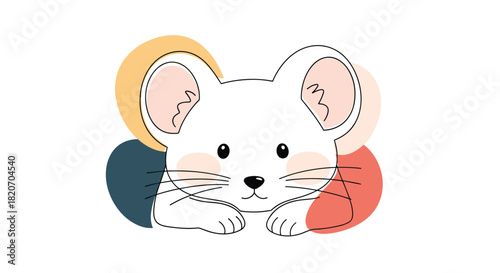 Adorable and simple line art illustration of a cute white mouse lying down with its head resting on its paws against abstract shapes.