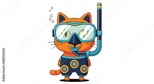 Cute cartoon ginger cat character is ready for a summer vacation wearing a snorkel mask and swim trunks for a diving adventure.