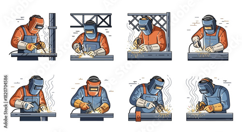 Illustrations of professional welders performing metal fabrication tasks, emphasizing sparks, safety gear, and the precision of industrial welding work