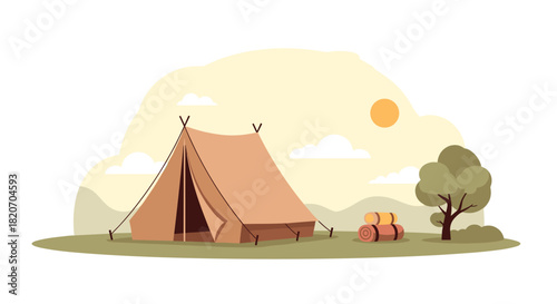 Peaceful outdoor camping scene with a canvas tent and sleeping bags set up in a green meadow on a sunny day with clouds.