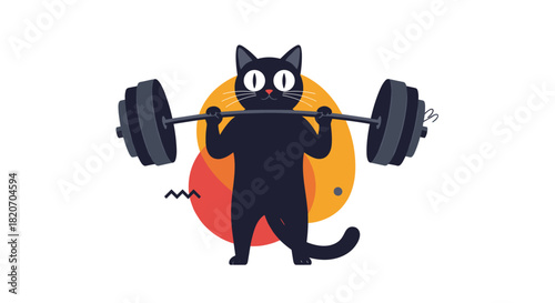 Strong and determined cartoon black cat is lifting a heavy barbell with great effort in a fun gym and fitness themed illustration.